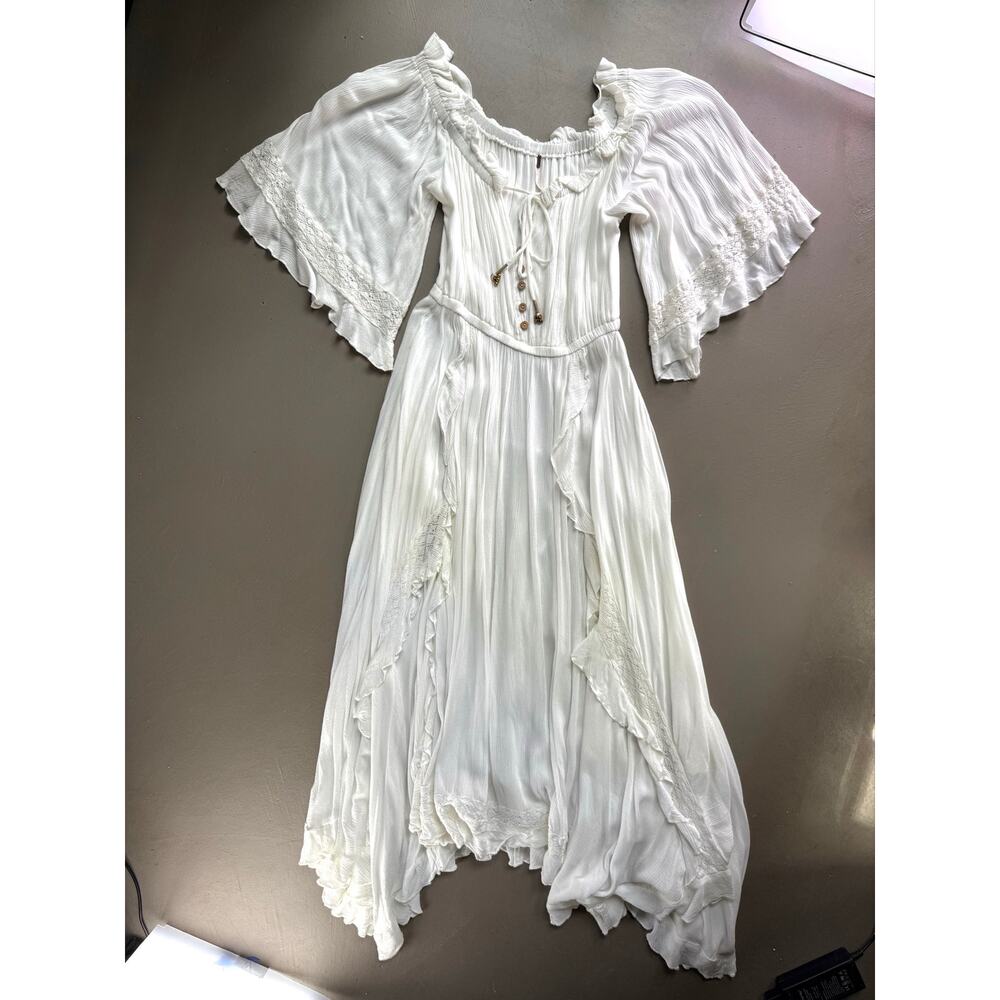 Free People Ivory Boho Maxi Dress XS Bell Sleeve Prairie Festival Cottagecore - Picture 2 of 8